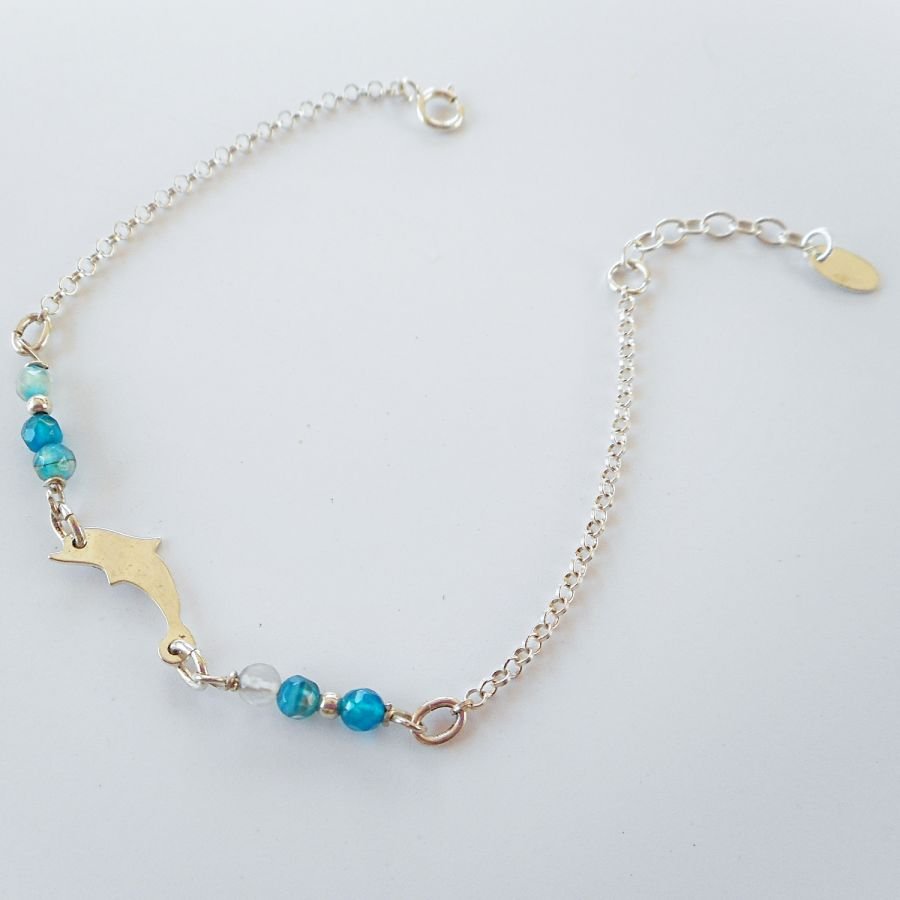 Kleine blauwe agaat stenen armband met dolfijn aan 925 zilveren ketting