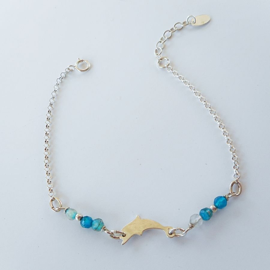 Kleine blauwe agaat stenen armband met dolfijn aan 925 zilveren ketting