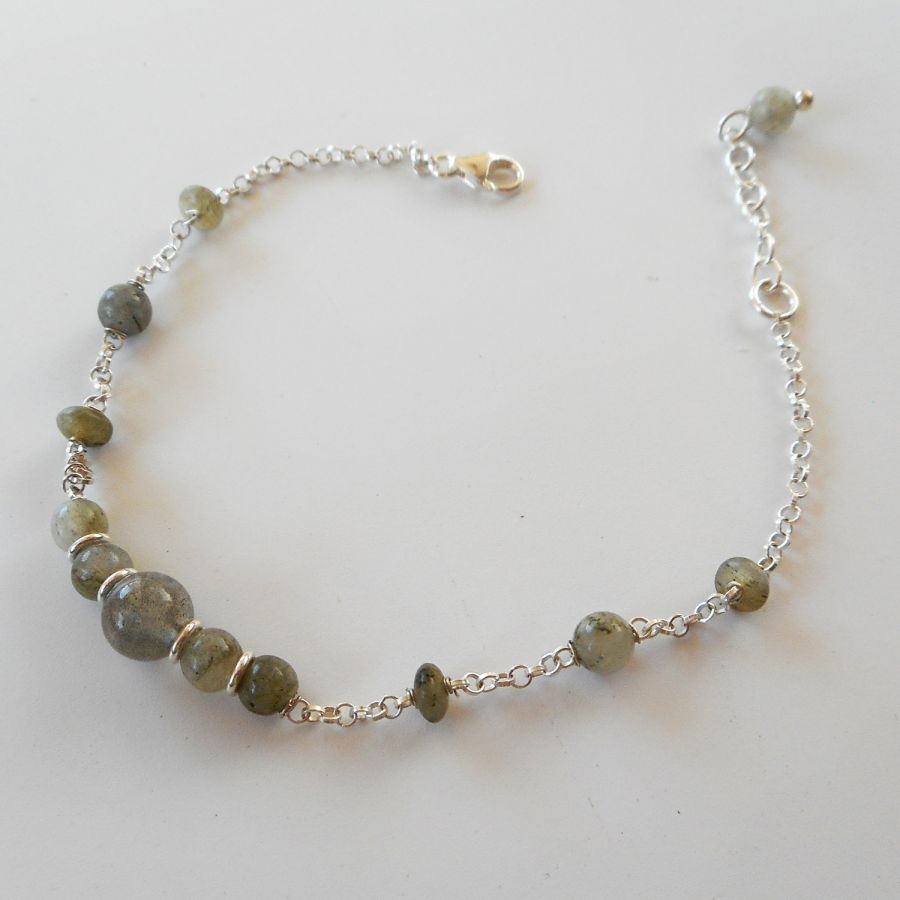 Groene labradoriet stenen armband aan 925 zilveren ketting
