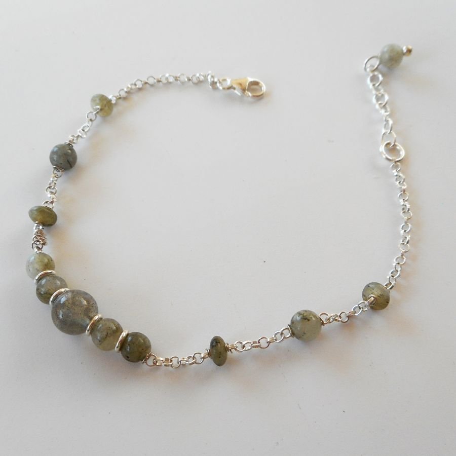 Groene labradoriet stenen armband aan 925 zilveren ketting