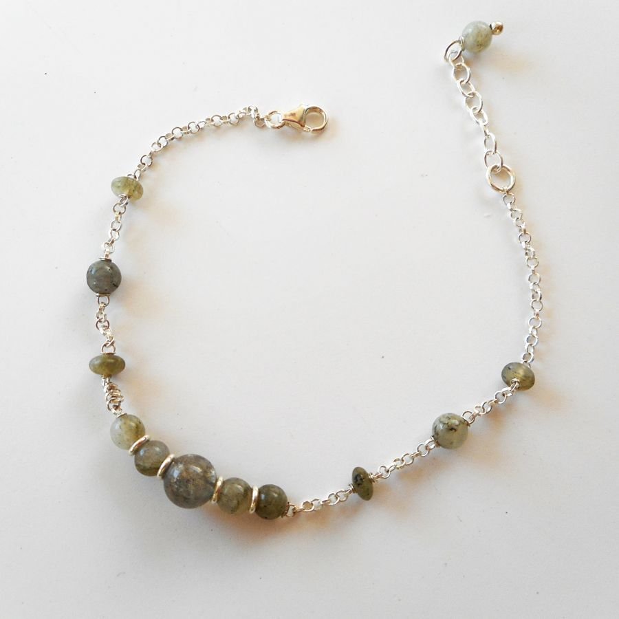 Groene labradoriet stenen armband aan 925 zilveren ketting