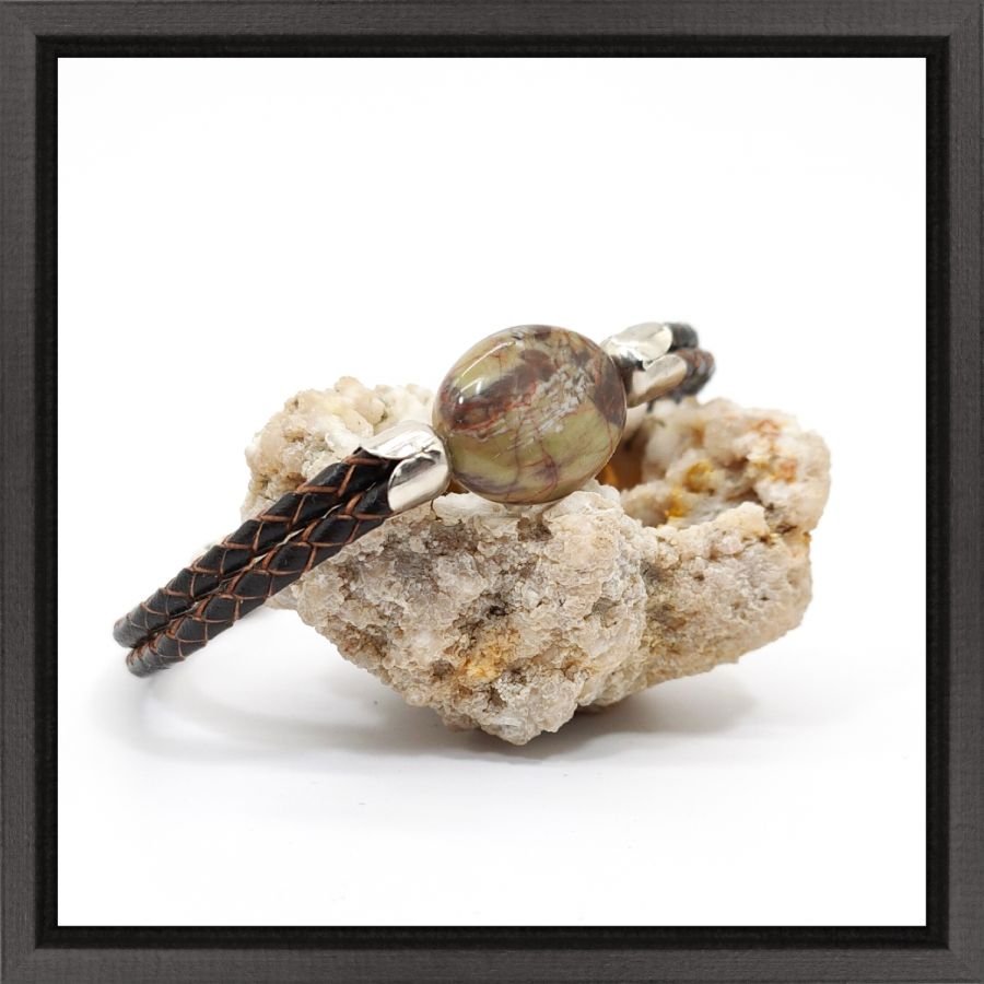 Herenarmband met jaspis op bruin leer, dubbele rij