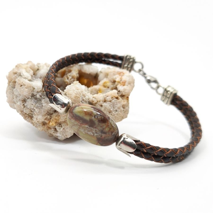 Herenarmband met jaspis op bruin leer, dubbele rij