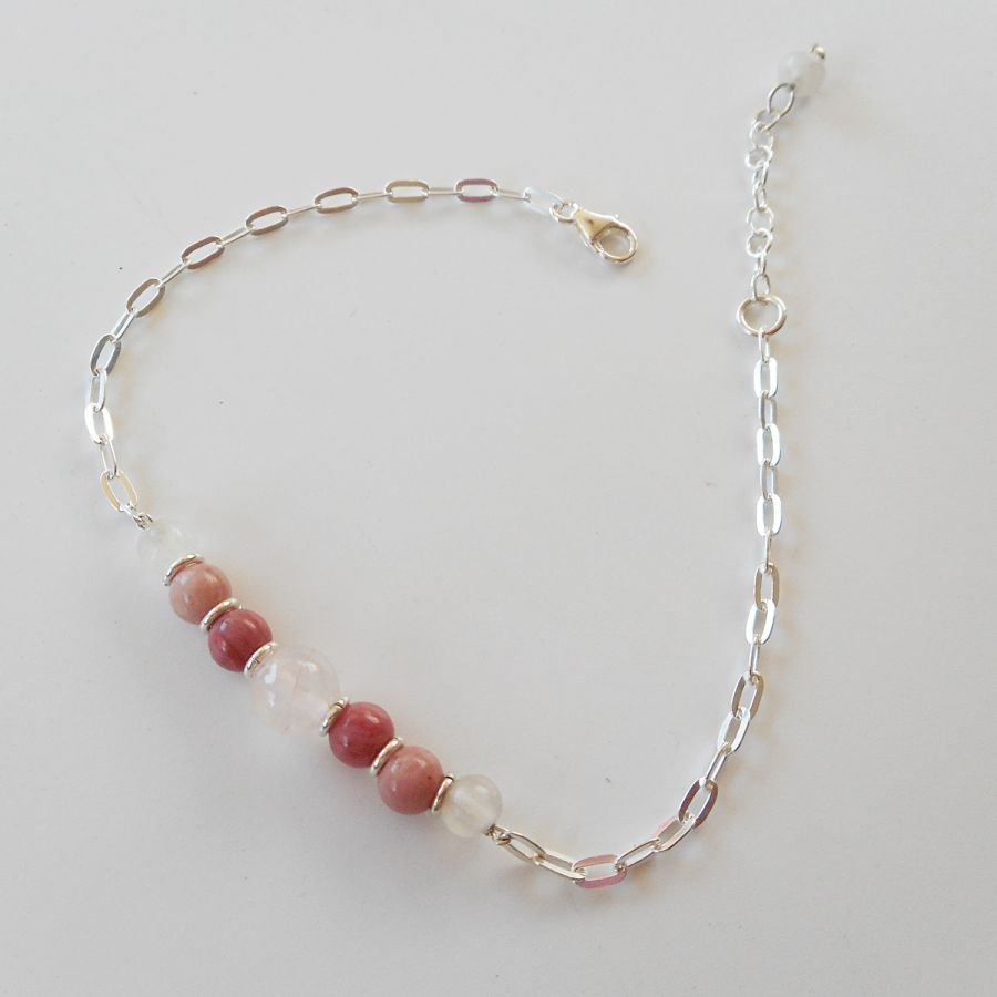 Rozenkwarts en rhodoniet armband aan 925 zilveren ketting