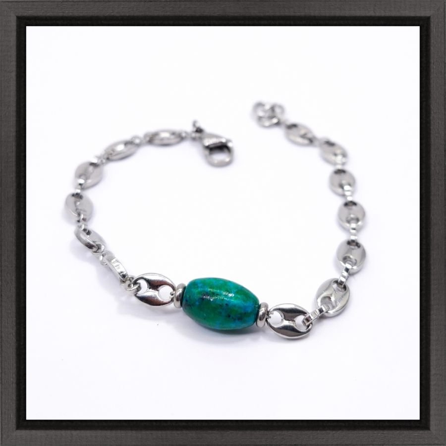 Blauwe rubizoliet steen armband aan stalen koffieboon ketting 