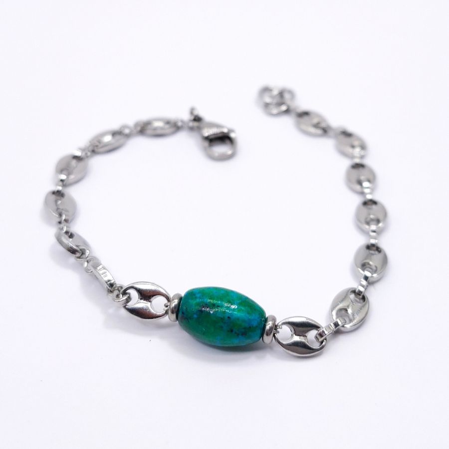 Blauwe rubizoliet steen armband aan stalen koffieboon ketting 