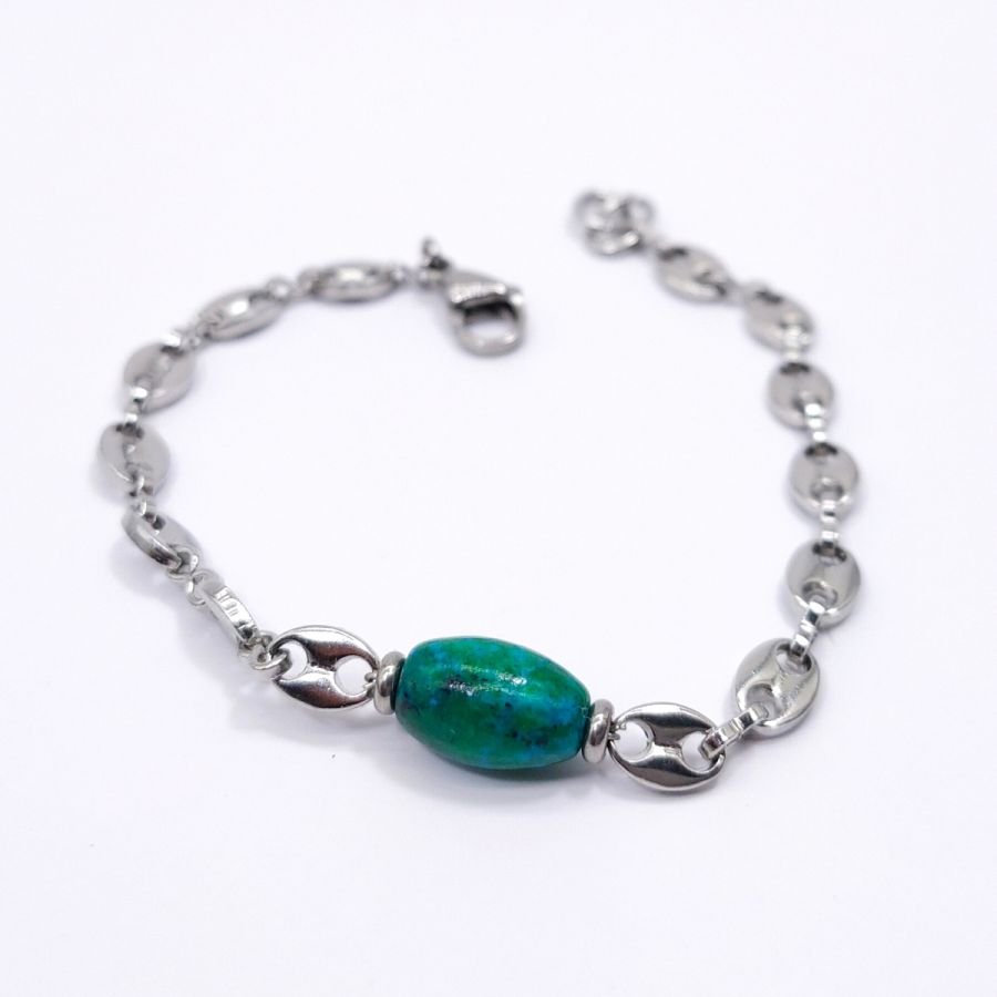 Blauwe rubizoliet steen armband aan stalen koffieboon ketting 
