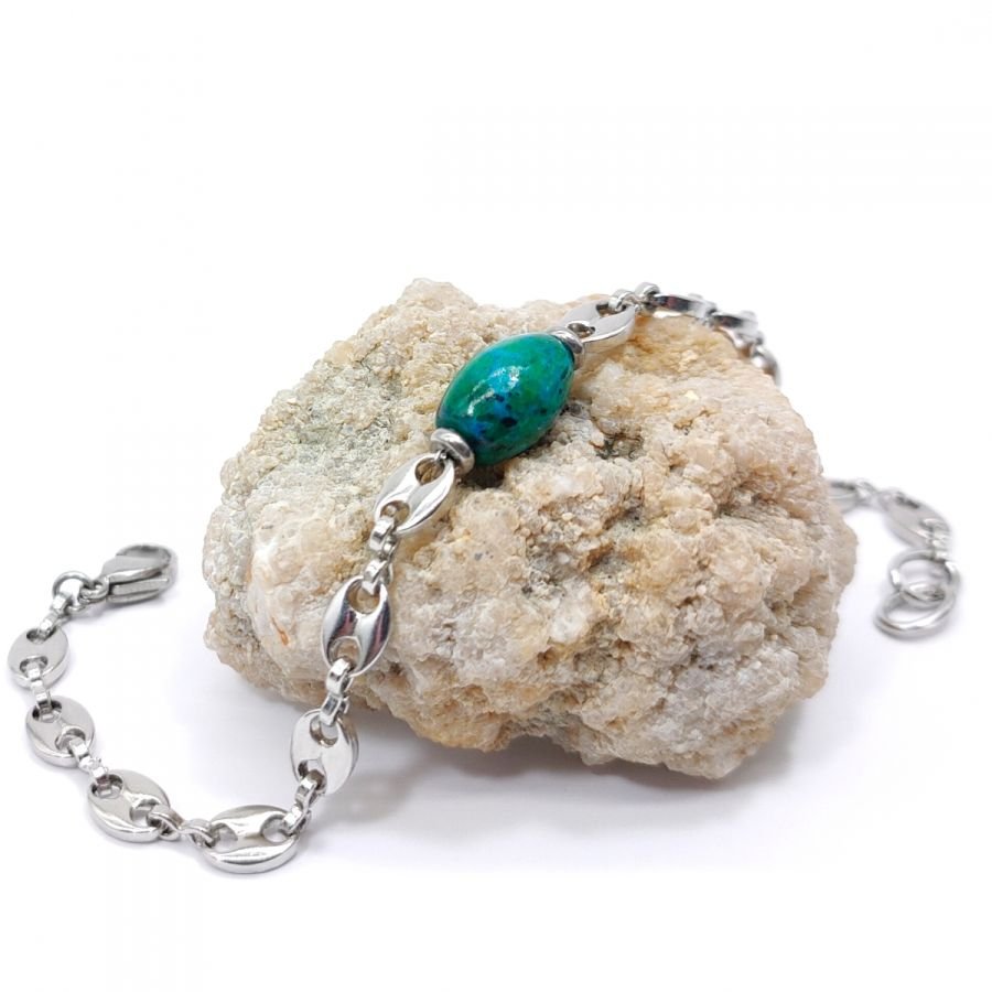 Blauwe rubizoliet steen armband aan stalen koffieboon ketting 