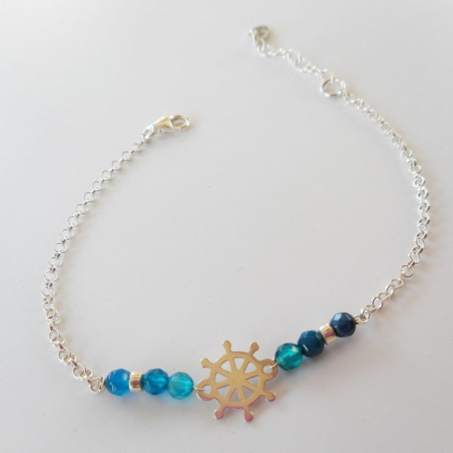 Blauwe agaat stenen armband met roer aan 925 zilveren ketting