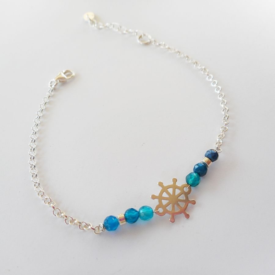 Blauwe agaat stenen armband met roer aan 925 zilveren ketting