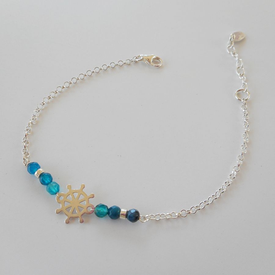 Blauwe agaat stenen armband met roer aan 925 zilveren ketting