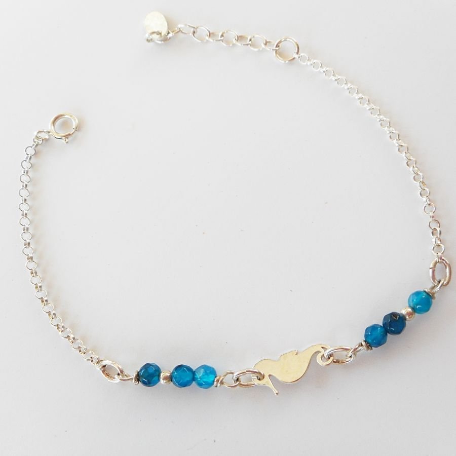 Blauwe agaat stenen armband met zeepaardje aan 925 zilveren ketting