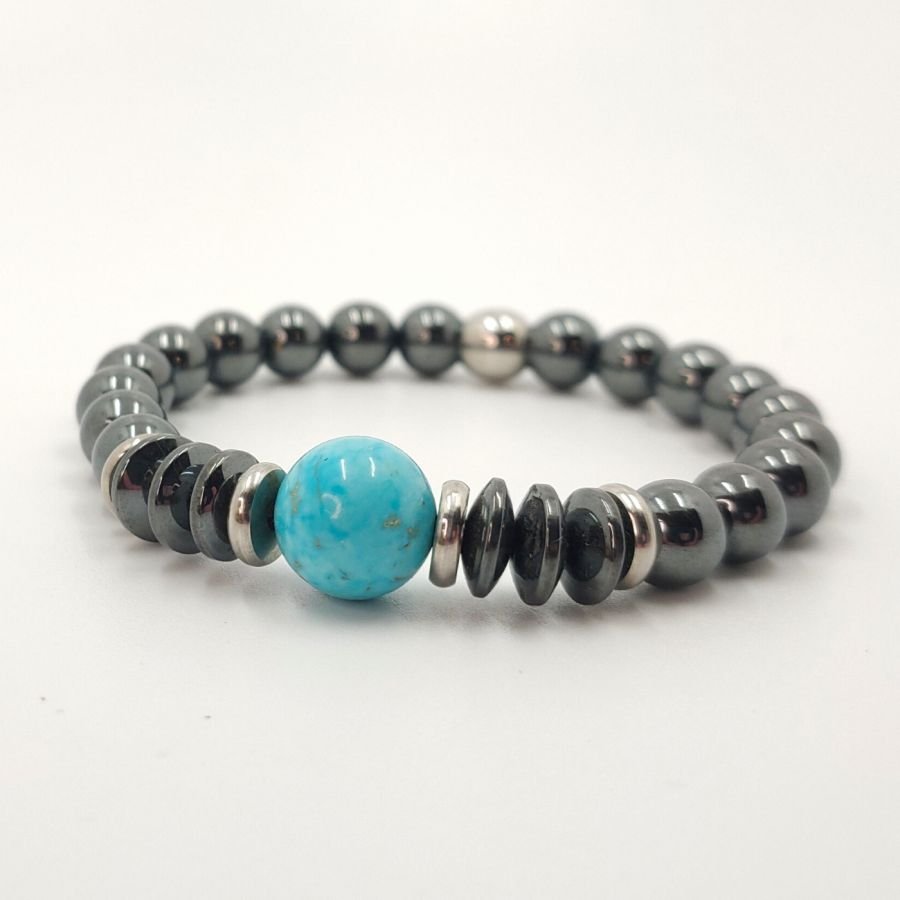 Armband met grijze hematiet en blauwe amazonietstenen