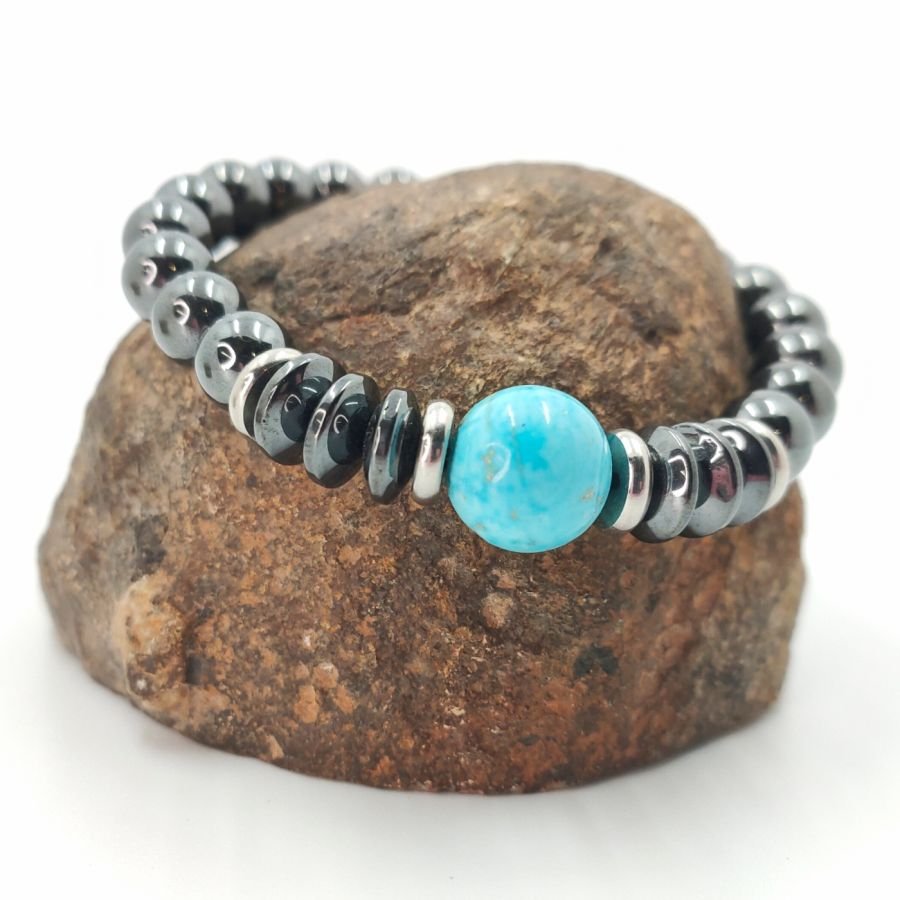 Armband met grijze hematiet en blauwe amazonietstenen