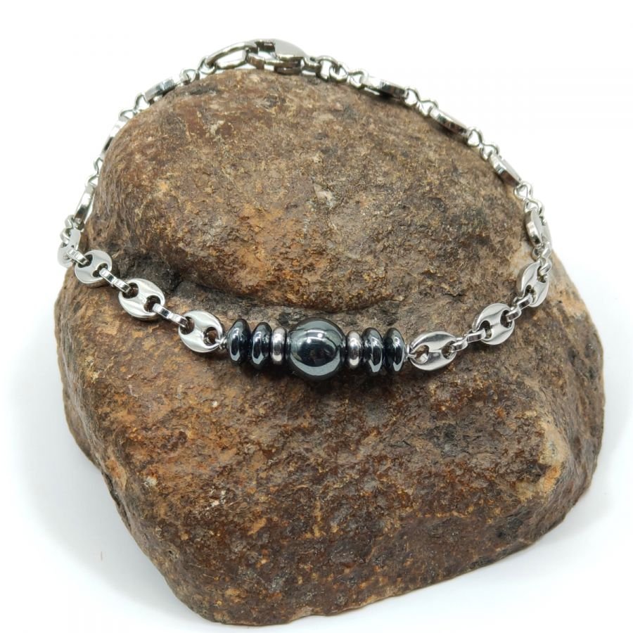Hematiet stenen armband aan stalen koffiebonen ketting 