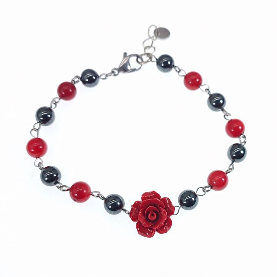 Hematiet stenen armband met rode roos