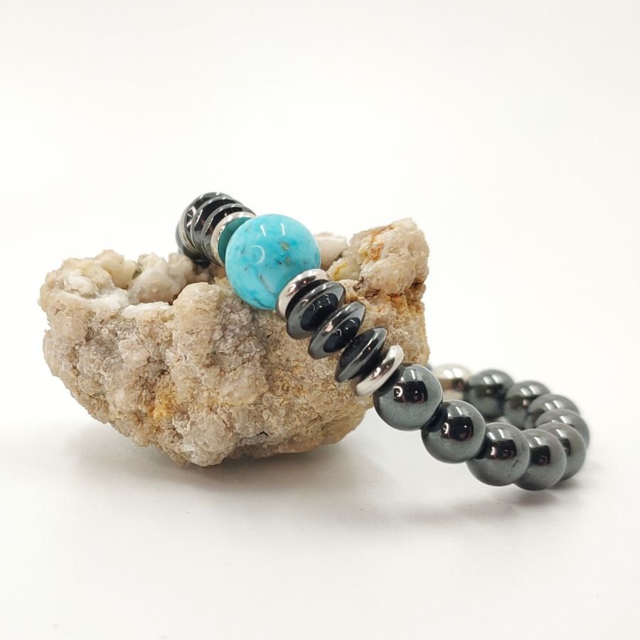 Armband met grijze hematiet en blauwe amazonietstenen