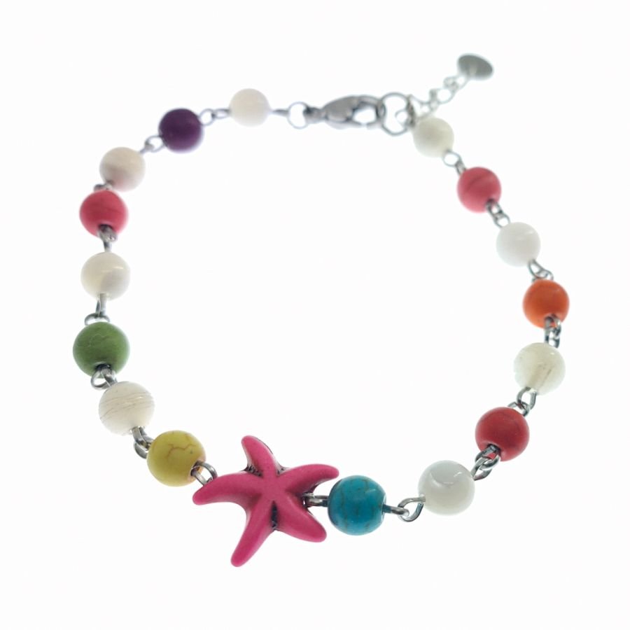 Veelkleurige stenen armband met roze zeesterren