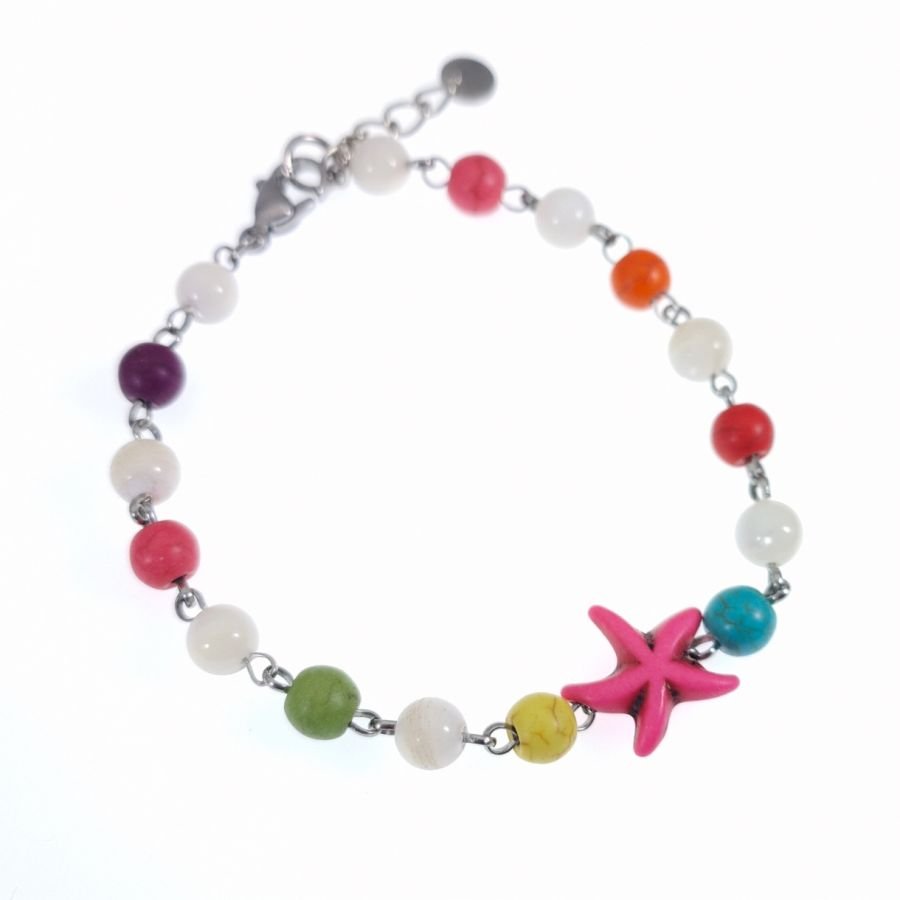 Veelkleurige stenen armband met roze zeesterren