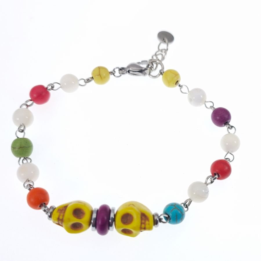 Veelkleurige stenen armband met gele schedel