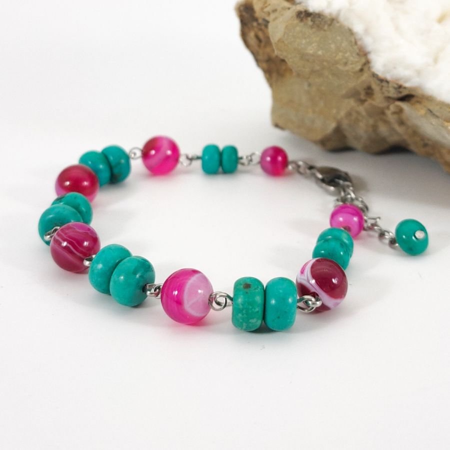Turkoois en fuchsiaroze agaat armband