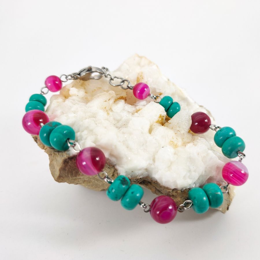 Turkoois en fuchsiaroze agaat armband