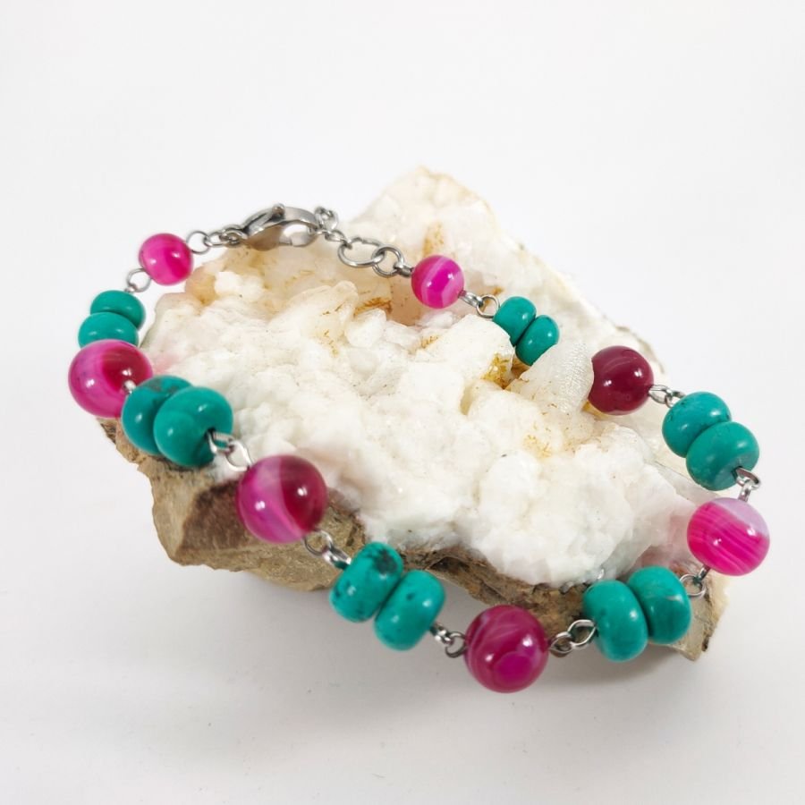 Turkoois en fuchsiaroze agaat armband
