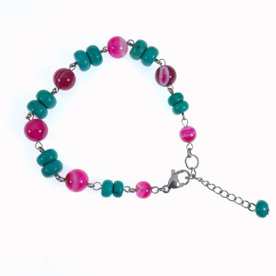 Turkoois en fuchsiaroze agaat armband