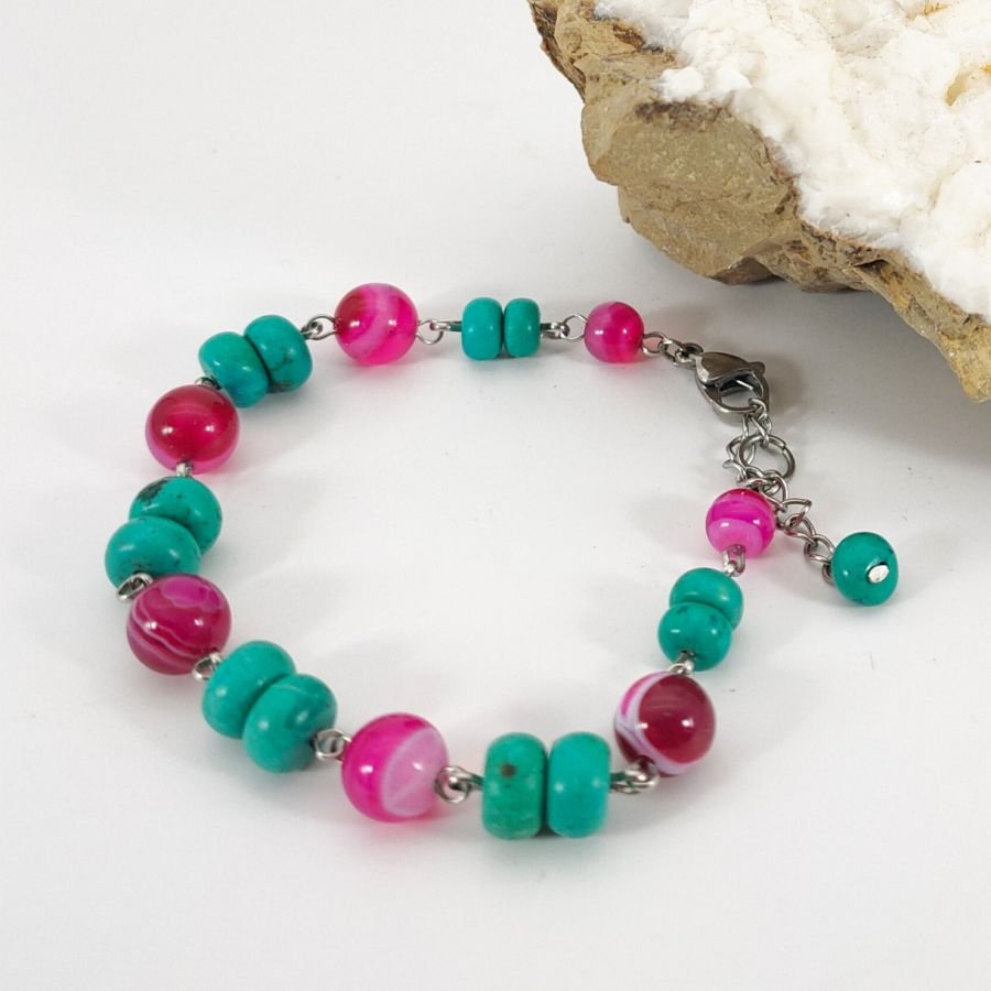 Turkoois en fuchsiaroze agaat armband
