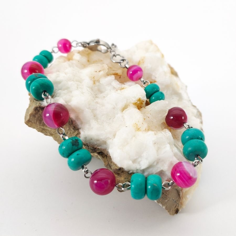 Turkoois en fuchsiaroze agaat armband