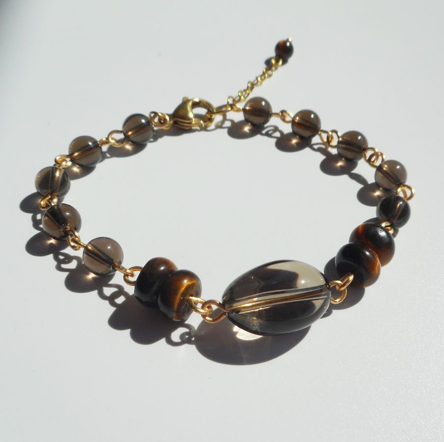 Gerookte kwarts en tijgeroog armband
