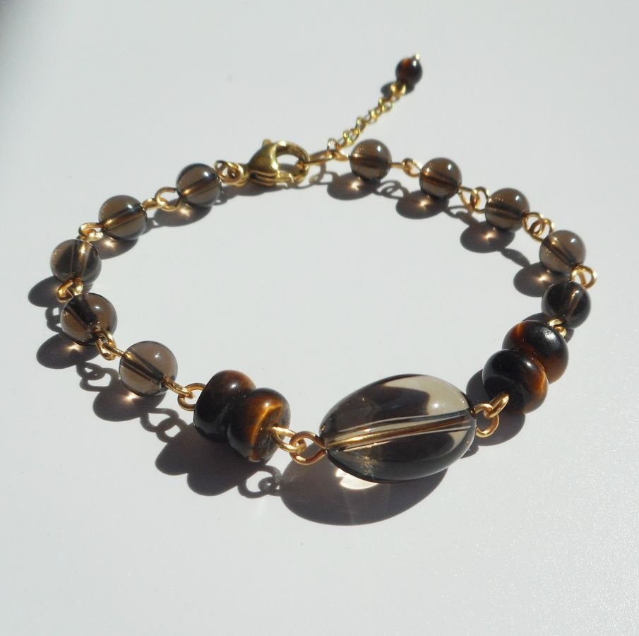 Gerookte kwarts en tijgeroog armband