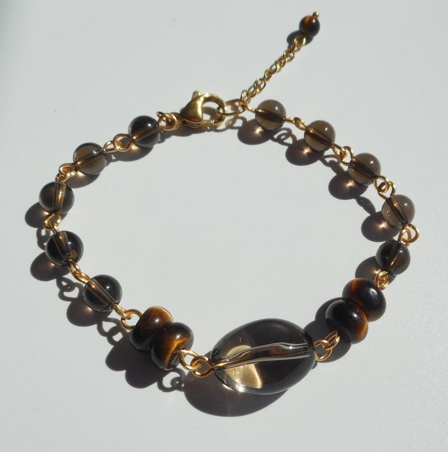 Gerookte kwarts en tijgeroog armband