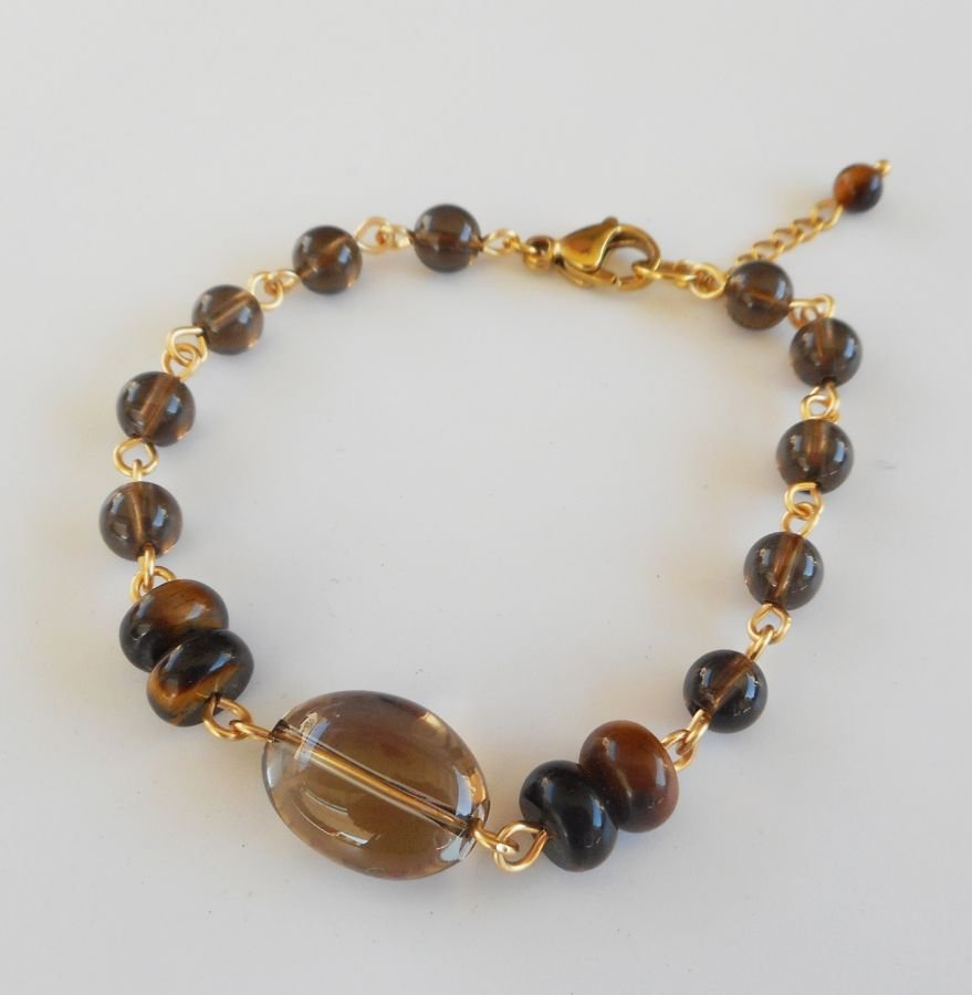 Gerookte kwarts en tijgeroog armband