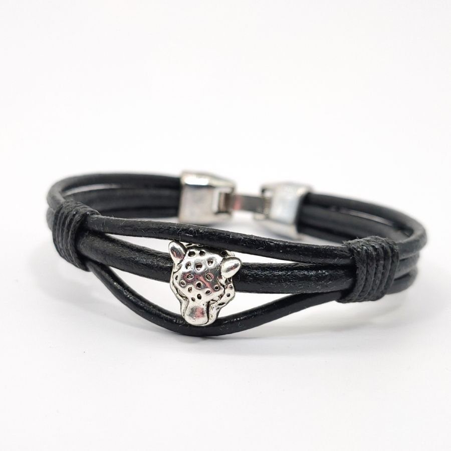 Tijger armband op zwart lederen koorden