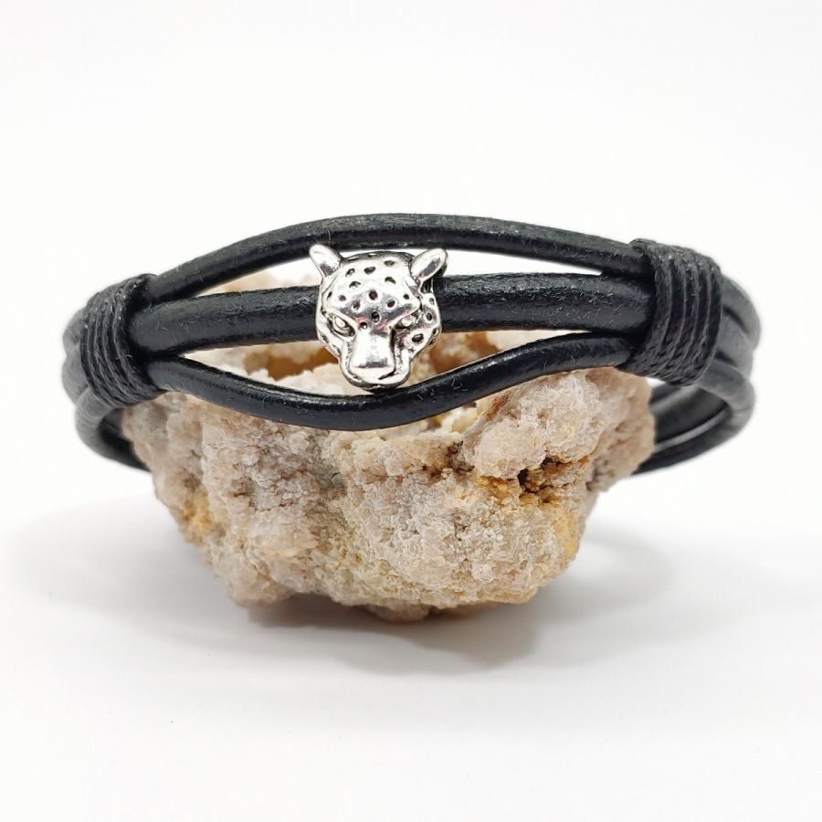 Tijger armband op zwart lederen koorden