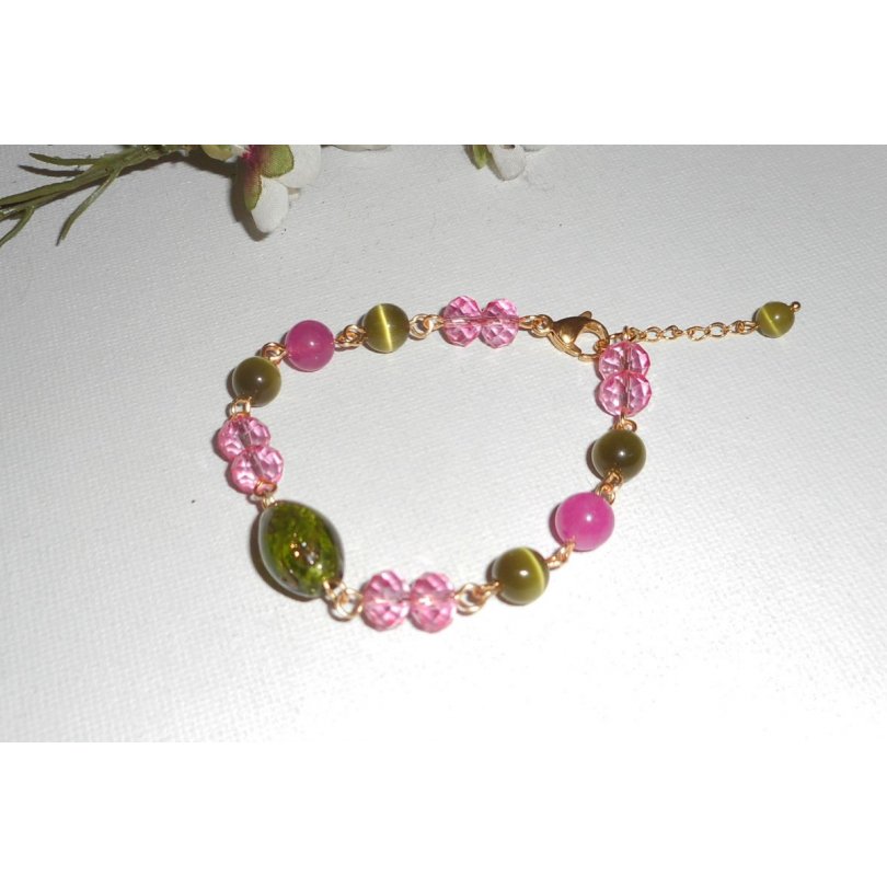 Murano glas en roze en groen kristal armband aan gouden stalen ketting