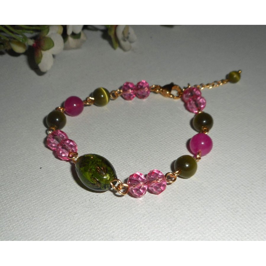 Murano glas en roze en groen kristal armband aan gouden stalen ketting