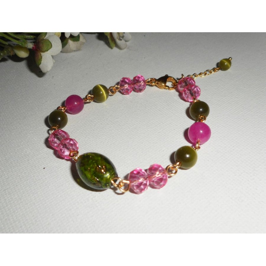 Murano glas en roze en groen kristal armband aan gouden stalen ketting