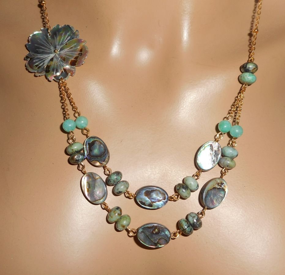 Ketting bezet met groene jaspis stenen met bloemen en dubbele rij abalone pucks