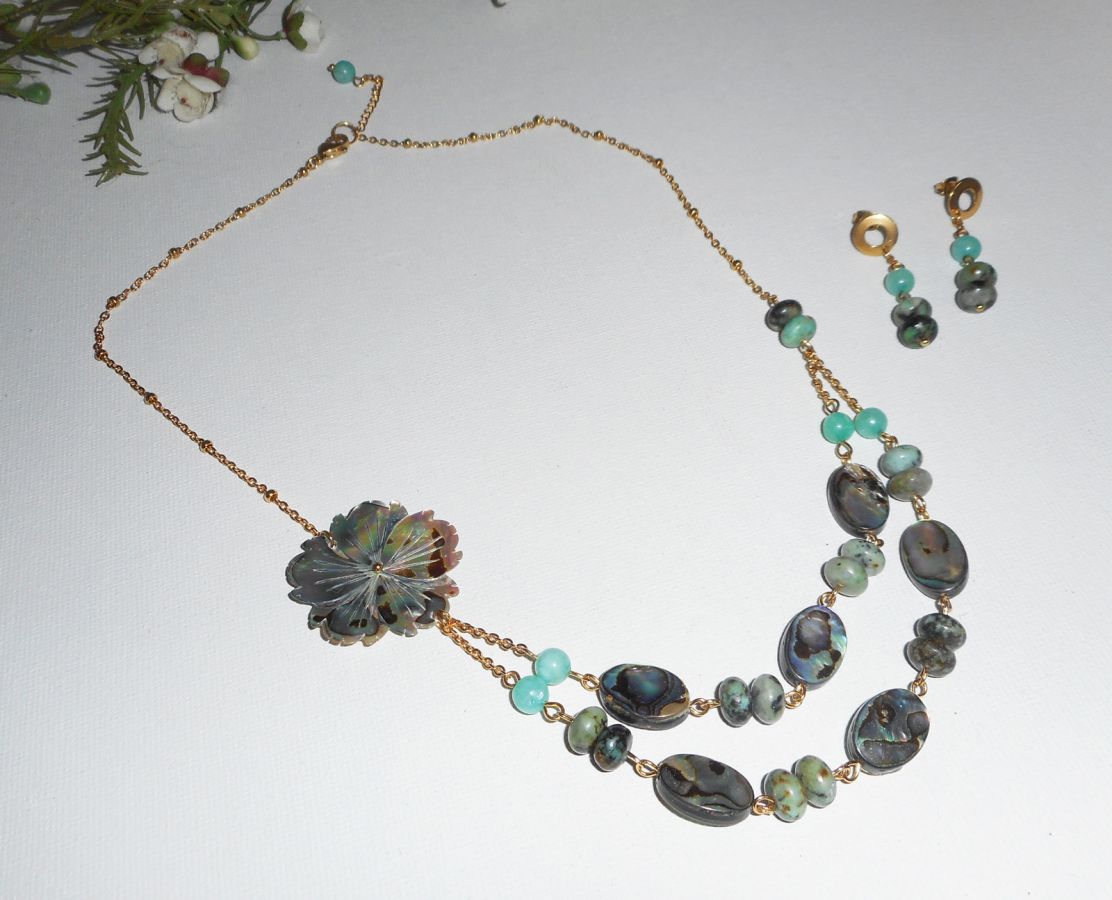 Ketting bezet met groene jaspis stenen met bloemen en dubbele rij abalone pucks