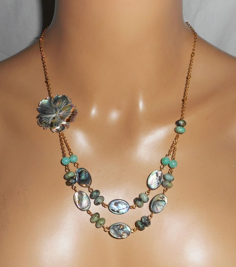 Ketting bezet met groene jaspis stenen met bloemen en dubbele rij abalone pucks