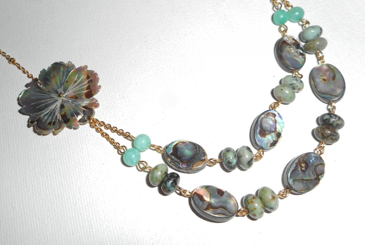 Ketting bezet met groene jaspis stenen met bloemen en dubbele rij abalone pucks