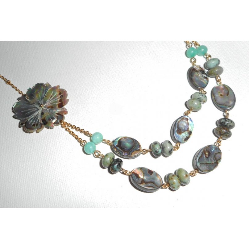 Ketting bezet met groene jaspis stenen met bloemen en dubbele rij abalone pucks