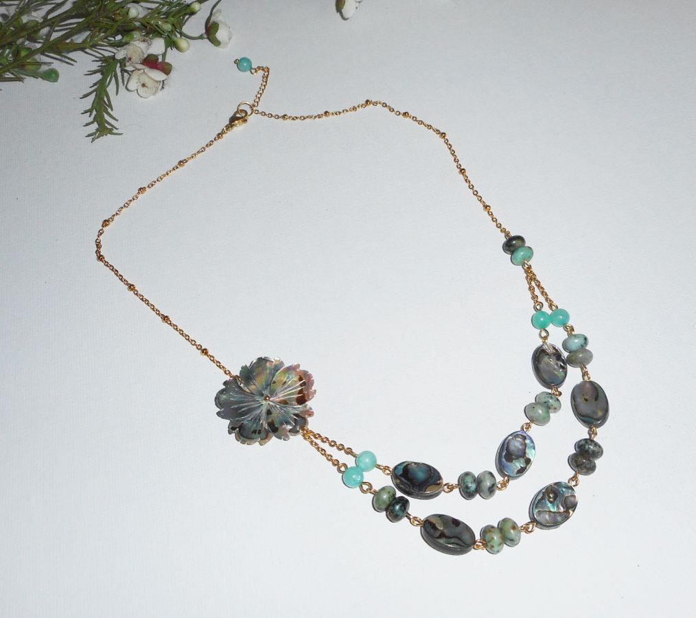 Ketting bezet met groene jaspis stenen met bloemen en dubbele rij abalone pucks