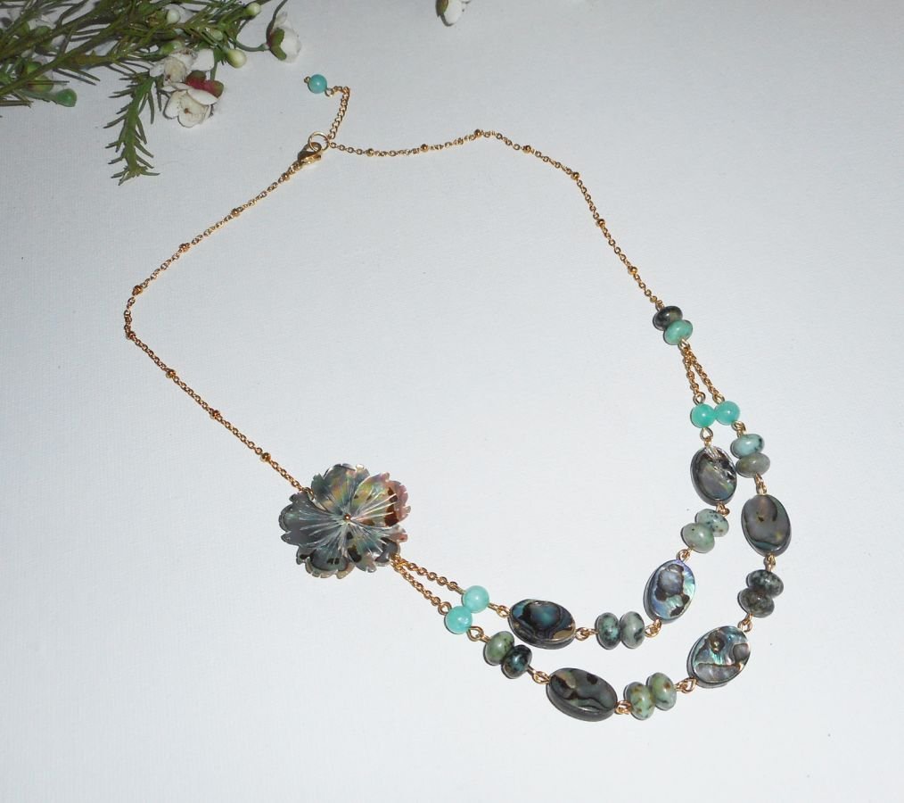Ketting bezet met groene jaspis stenen met bloemen en dubbele rij abalone pucks