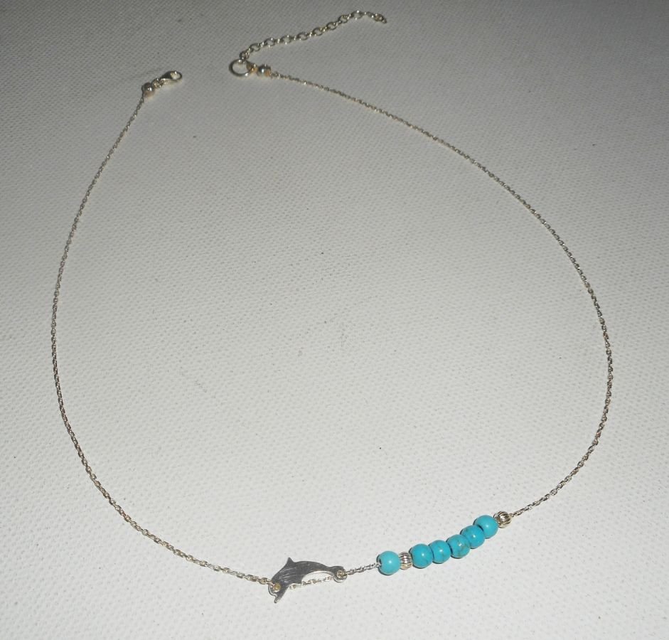 925 zilveren choker ketting met kleine dolfijn en turquoise stenen