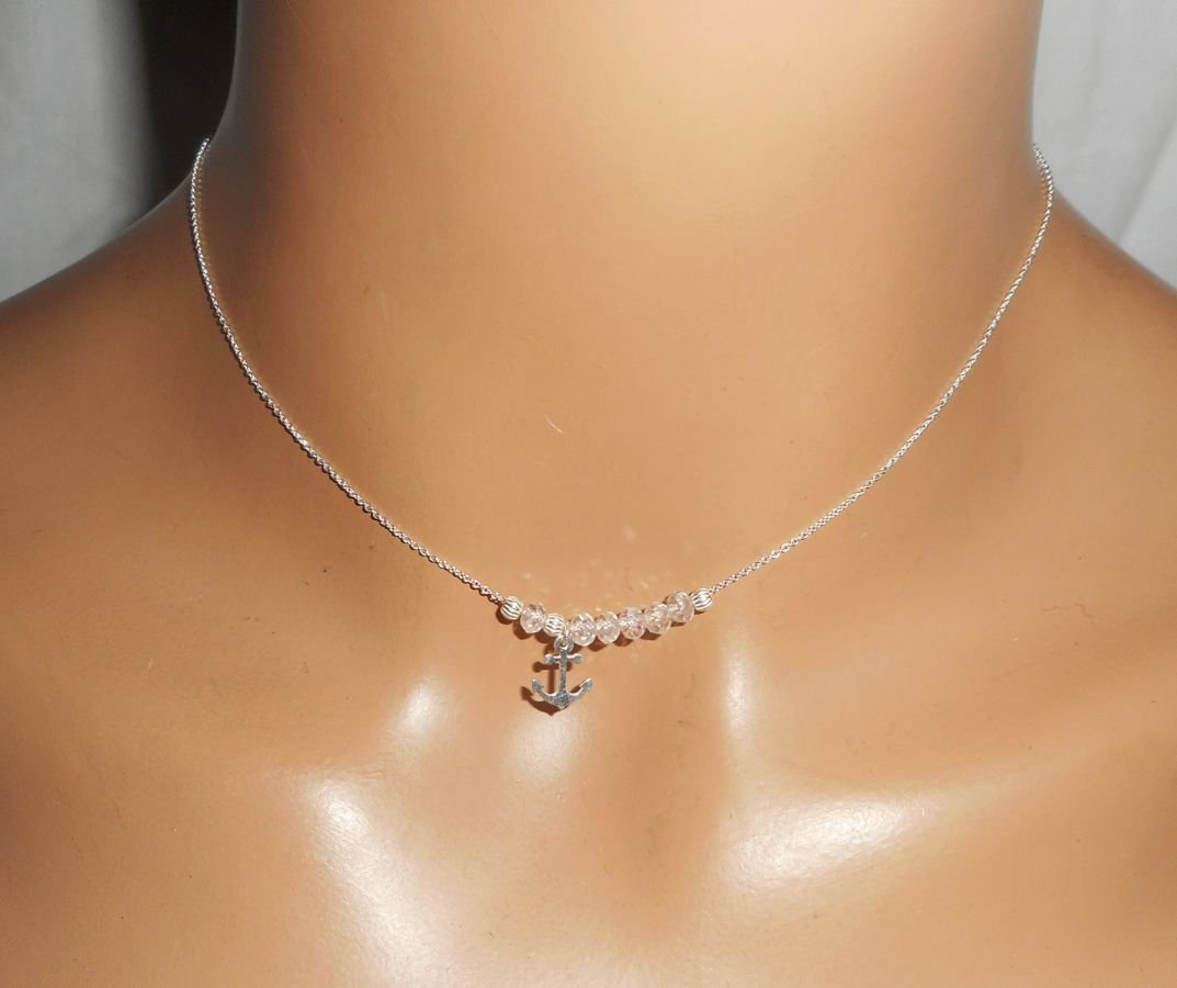 925 zilveren choker ketting met anker en kristallen kralen