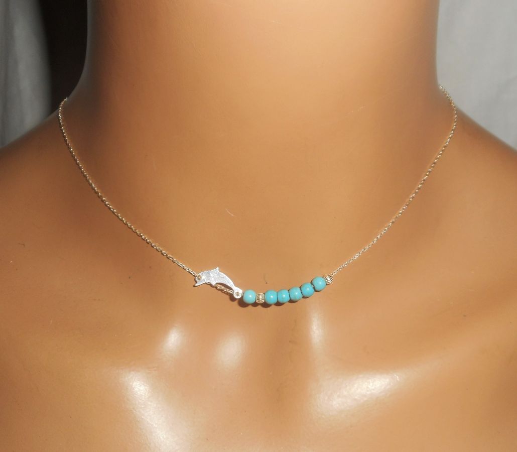 925 zilveren choker ketting met kleine dolfijn en turquoise stenen