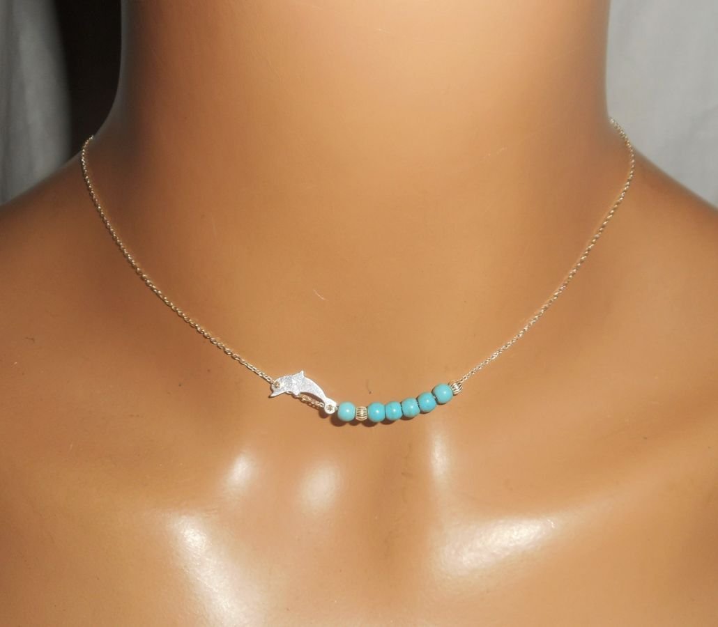 925 zilveren choker ketting met kleine dolfijn en turquoise stenen